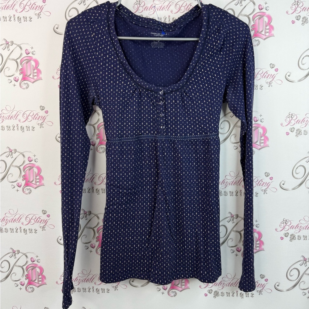 American Eagle Outfitters long sleeve babydoll Polka Dot buttons tie up ribbon